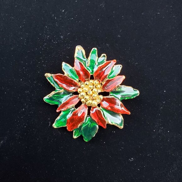 Vintage Poinsettia Flower Christmas Enameled Brooch Pin - Picture 7 of 9